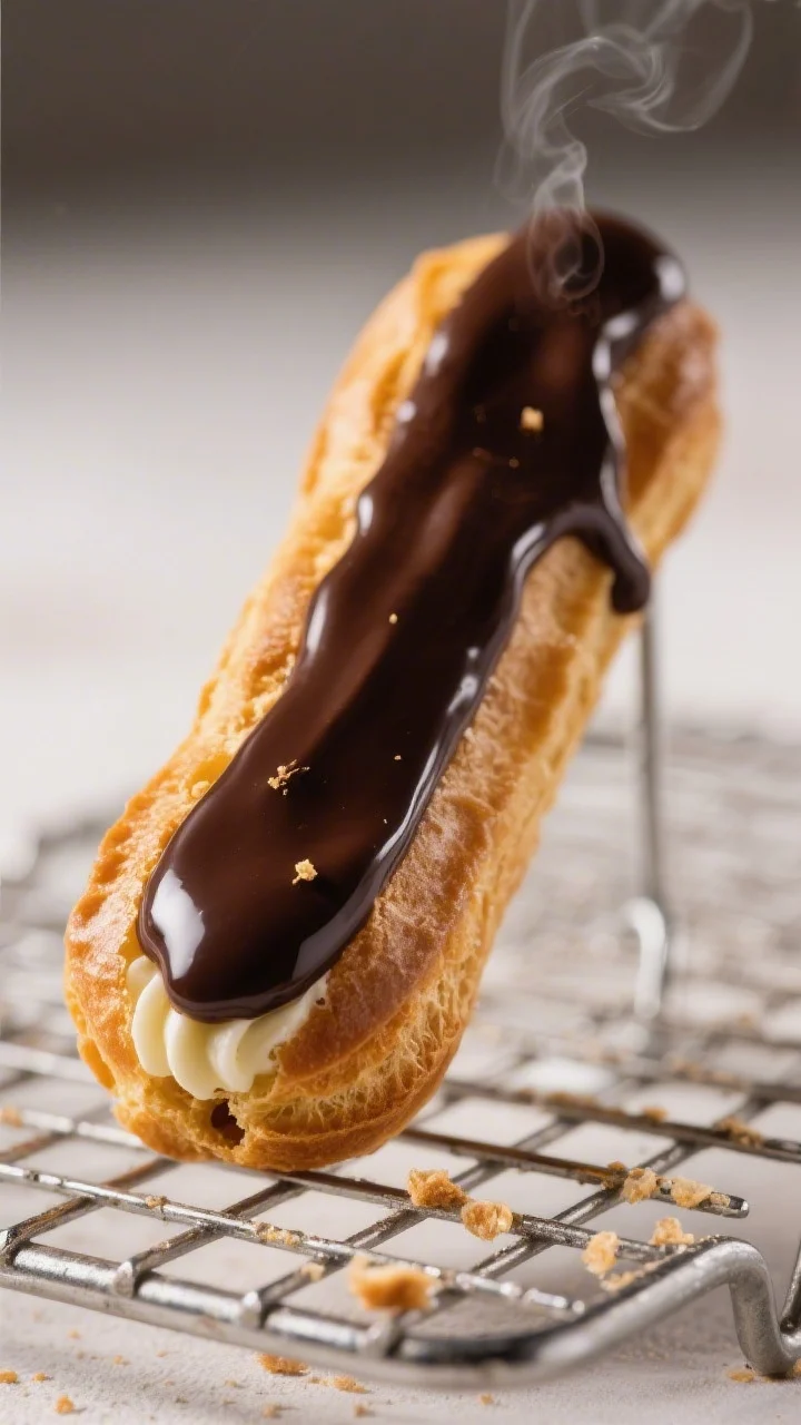 Close-up detail: A just-filled chocolate éclair held upright on a wire rack, glossy dark chocolate 