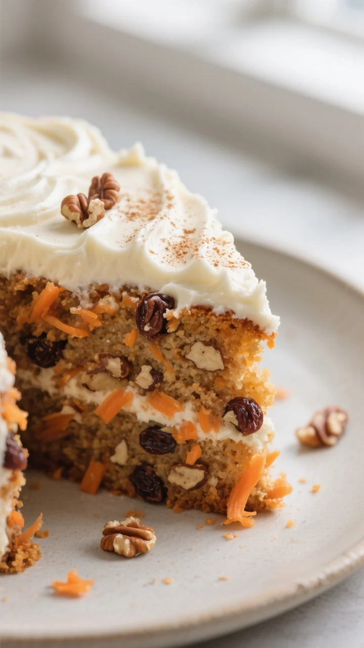 Close-up detail: A just-sliced piece of moist carrot cake on its side, showing a tender crumb studde