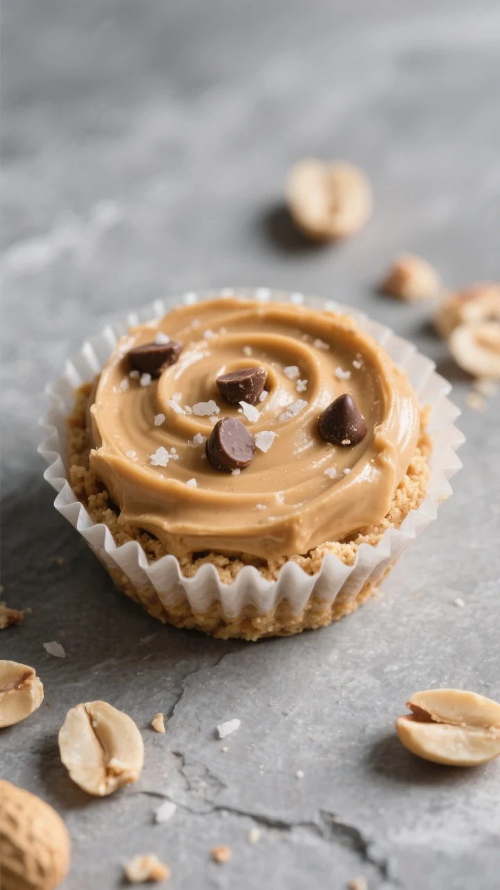 Close-up detail: A mini keto peanut butter cheesecake bite just unwrapped from a liner, creamy mouss