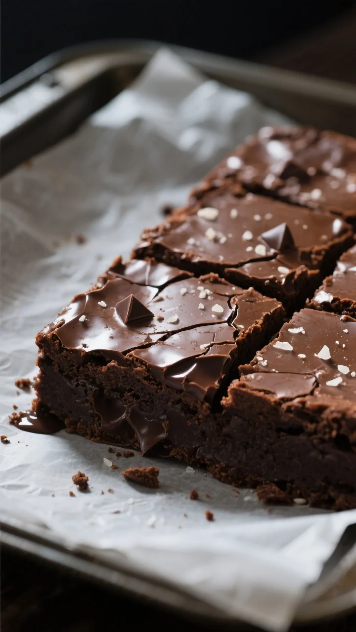 Close-up detail: A tight macro shot of freshly baked chocolate fudge brownies just lifted from the p