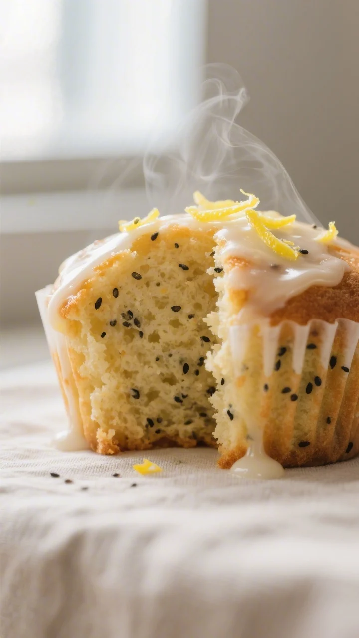 Close-up detail: Freshly baked lemon poppy seed muffin split open to reveal a moist, tender crumb fl