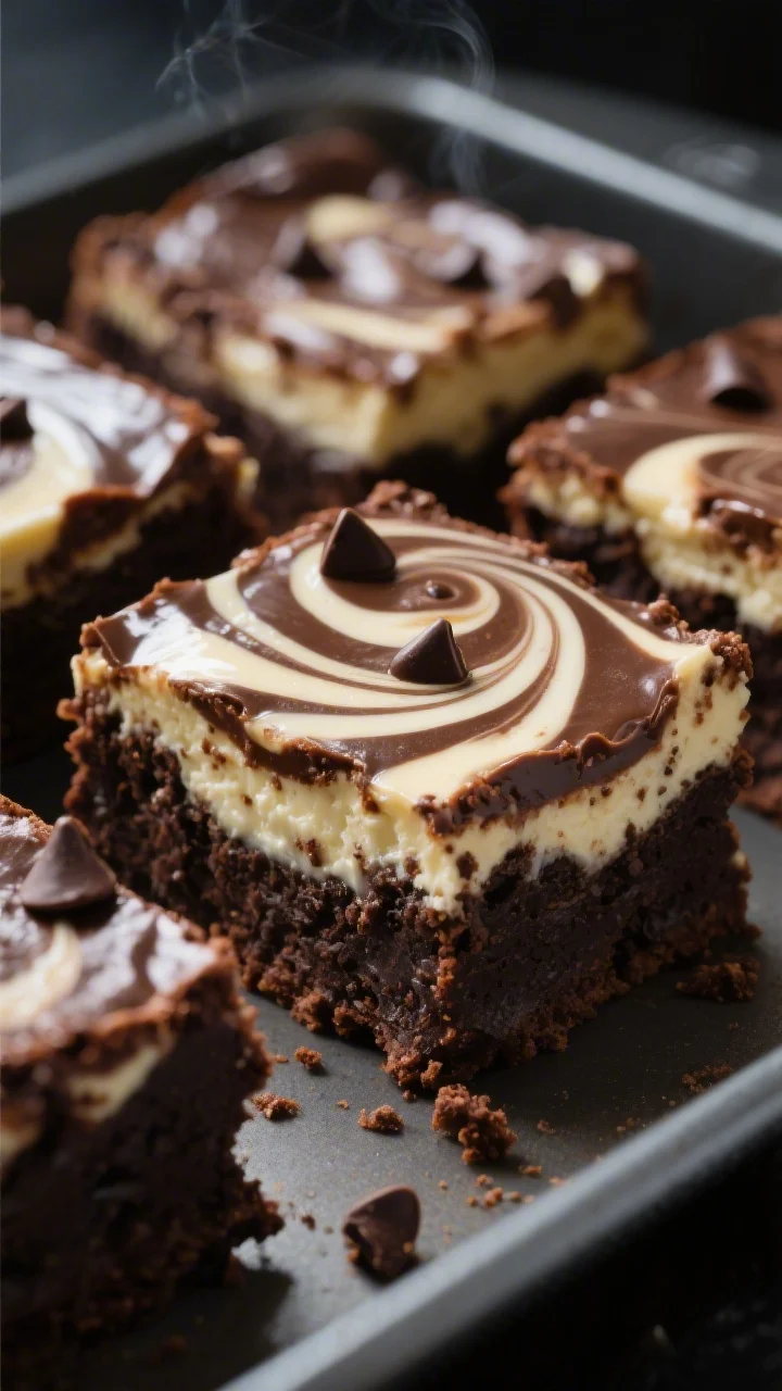 Close-up detail: Freshly baked mocha cheesecake brownies just out of the pan, tight macro on the glo