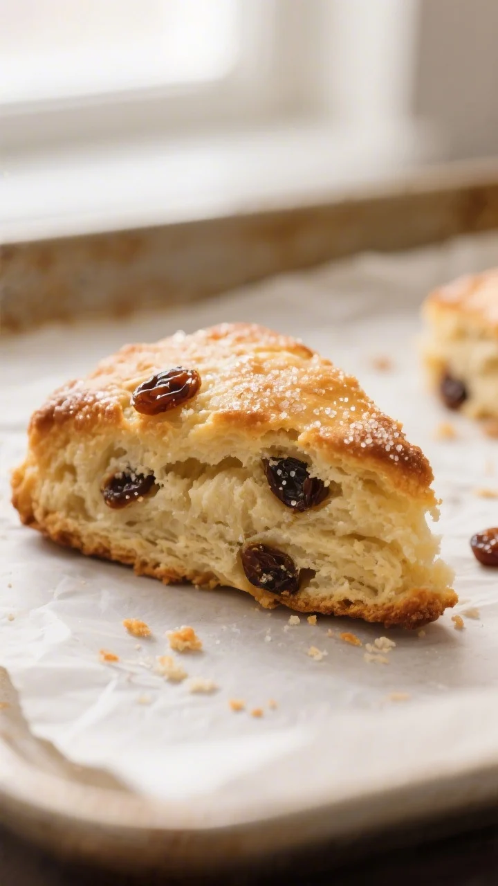 Close-up detail: Freshly baked raisin scone wedge just out of the oven, crisp golden top with visibl
