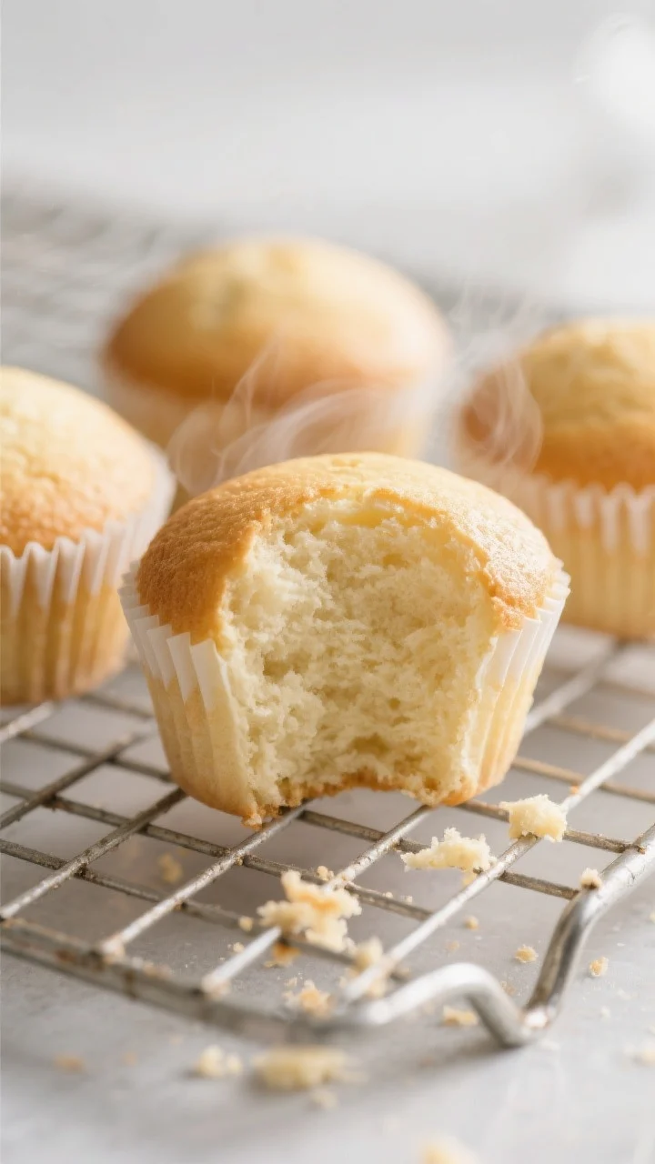 Close-up detail: Freshly baked vanilla cupcakes just out of the tin, golden domed tops with a light,
