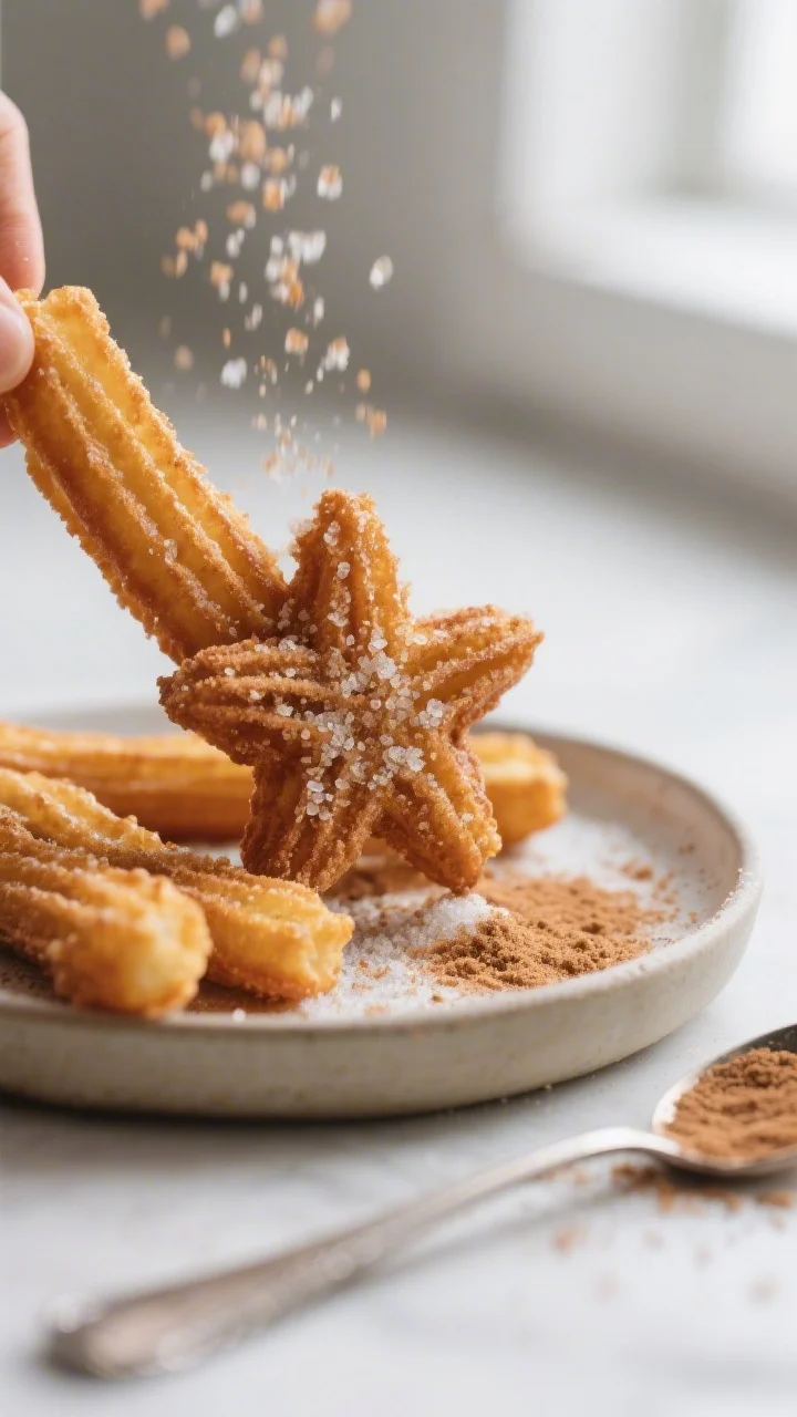Close-up detail: Freshly fried churros being rolled in cinnamon sugar while still warm—granulated