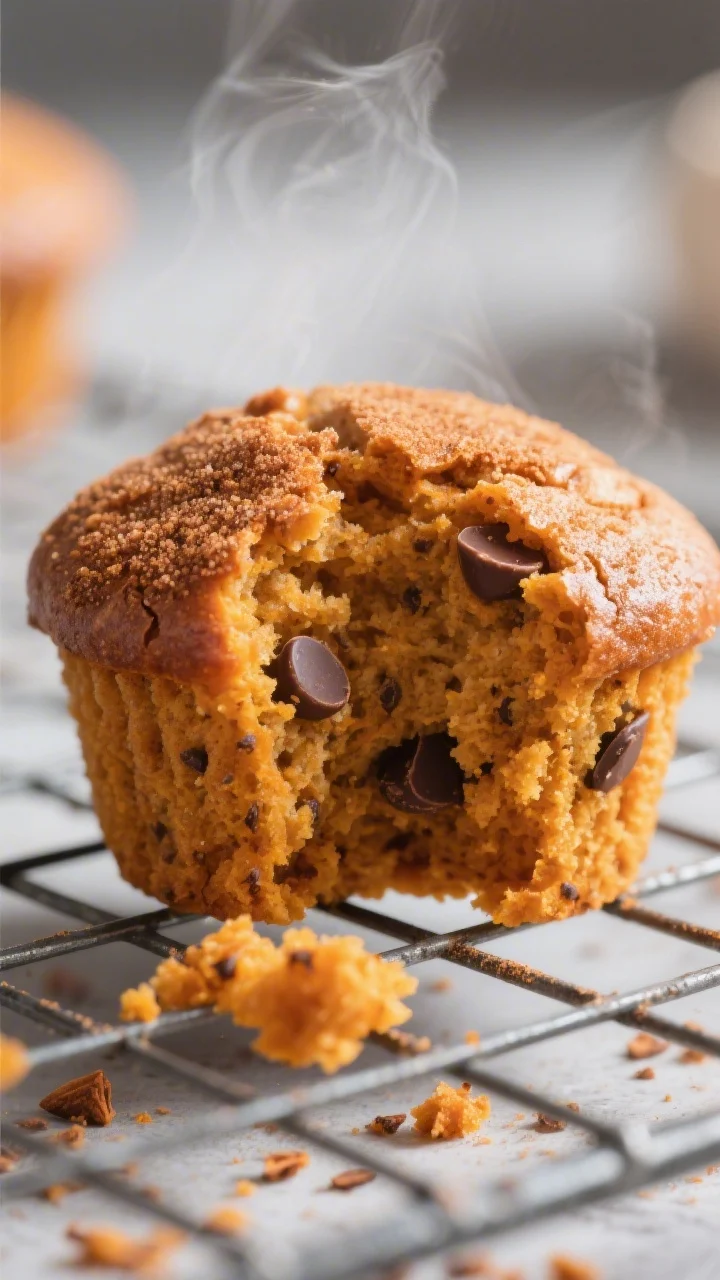 Close-up detail — just-baked crumb and topping: Tight macro of a warm pumpkin spice muffin torn op