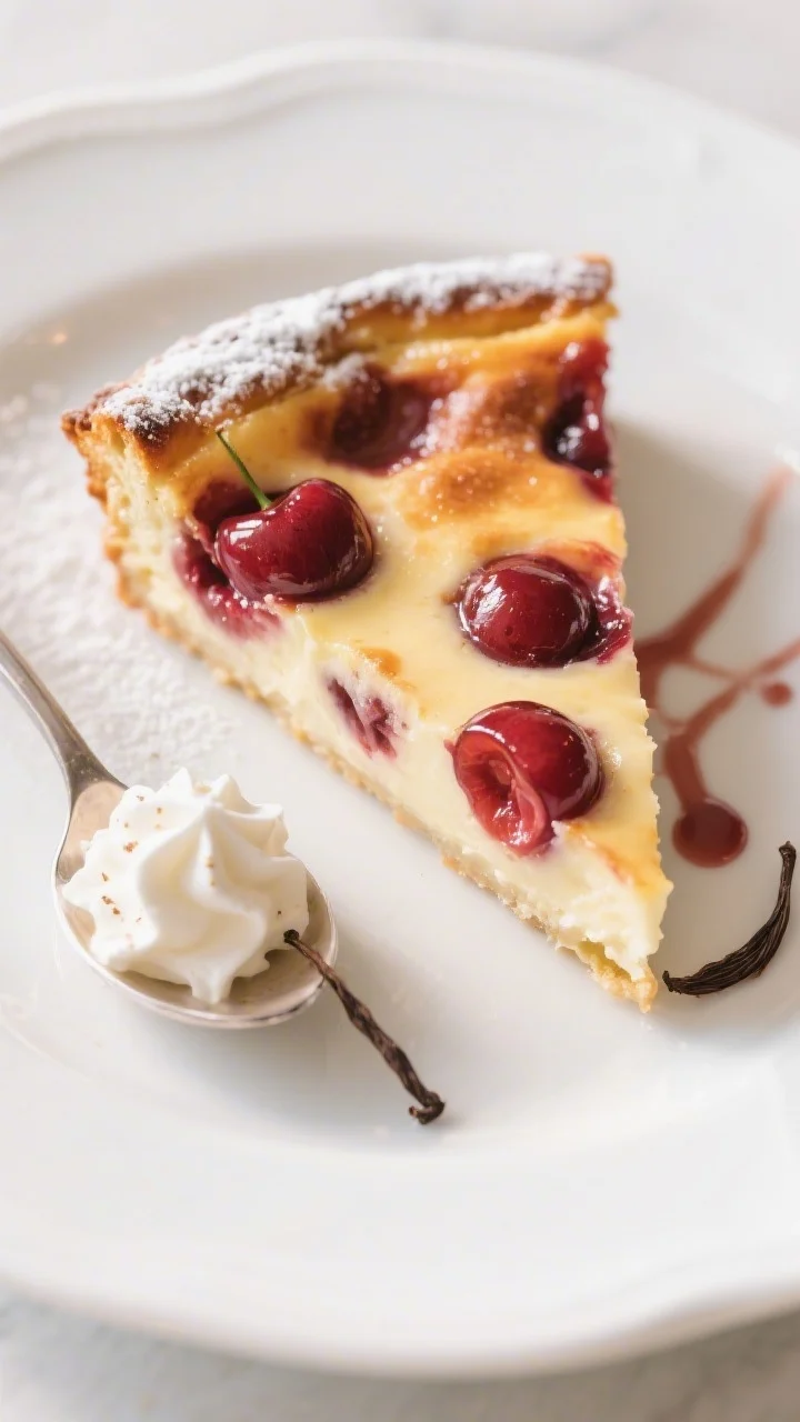 Close-up detail — Plated serving: A warm wedge of cherry clafoutis on a simple white dessert plate