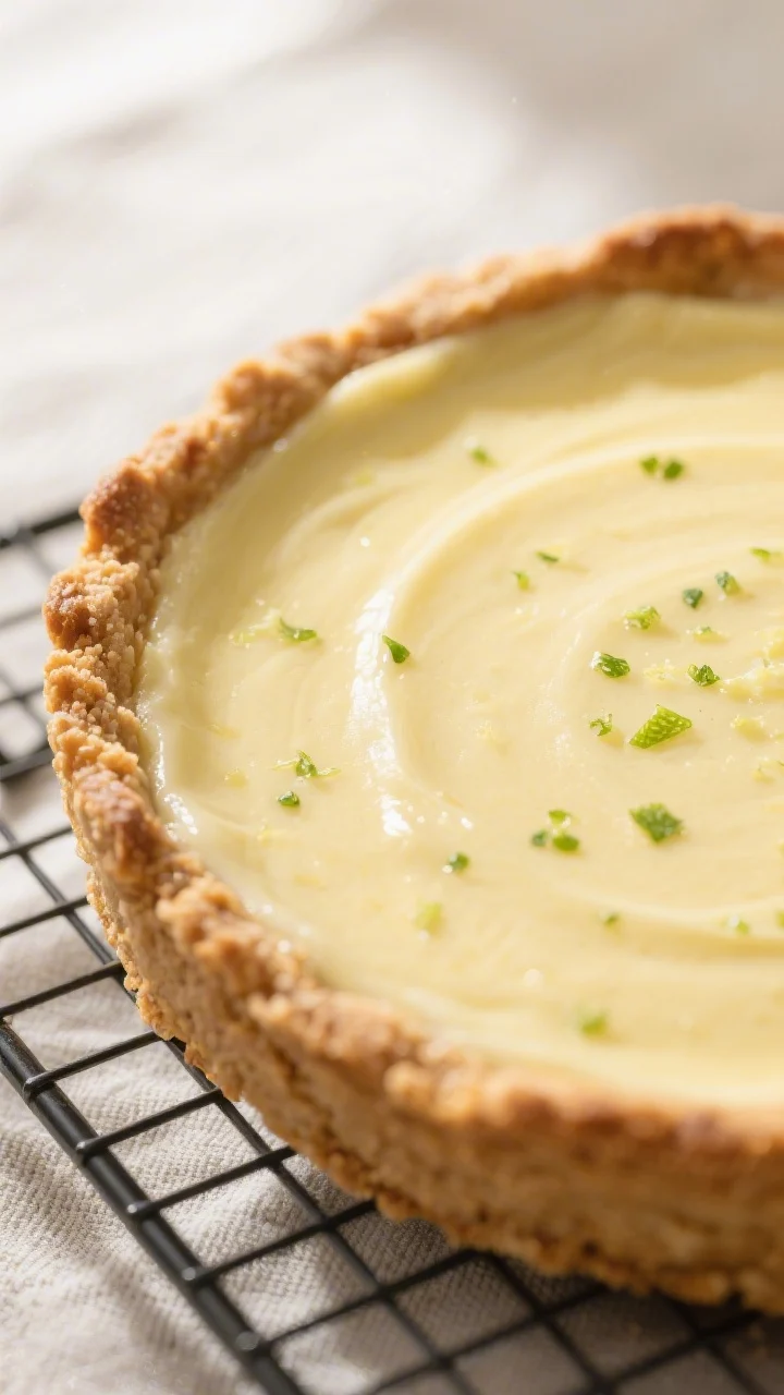 Close-up detail shot of a just-baked key lime pie cooling on a wire rack: warm graham cracker crust