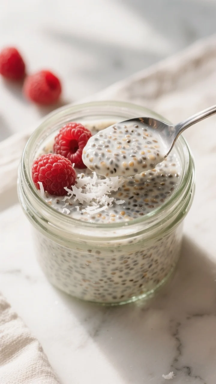 Close-up detail: Thick, creamy keto chia seed pudding in a glass jar after overnight chill, spoon li