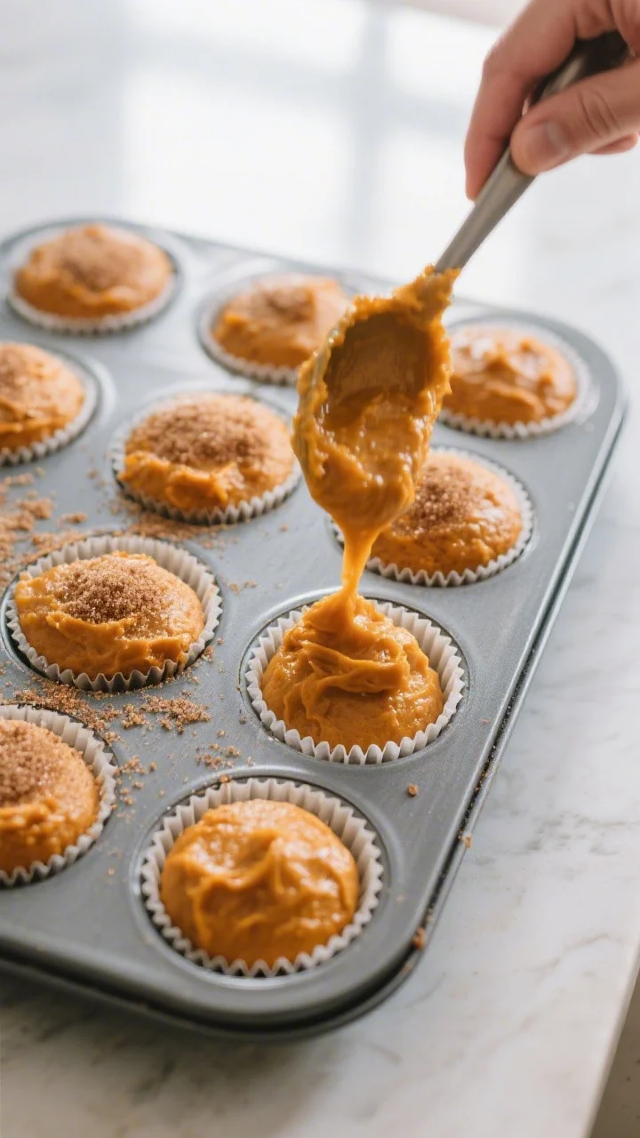 Cooking process — batter being portioned: Overhead shot of pumpkin spice muffin batter being scoop