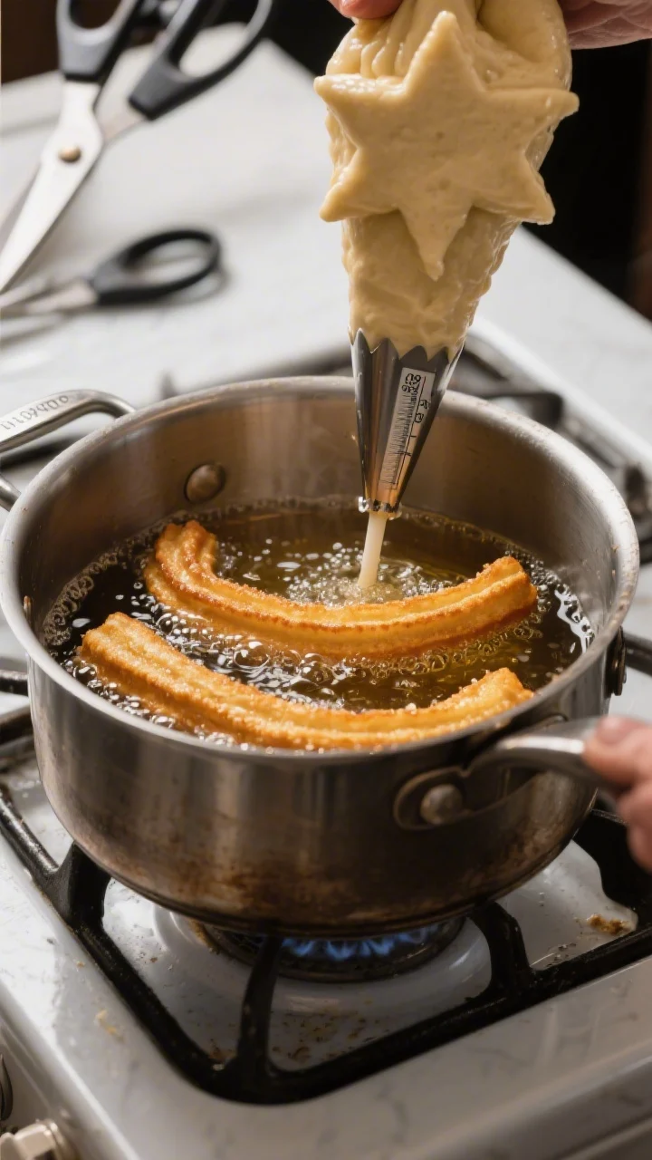 Cooking process: Churro dough being piped through a large open star tip directly into hot oil at 350
