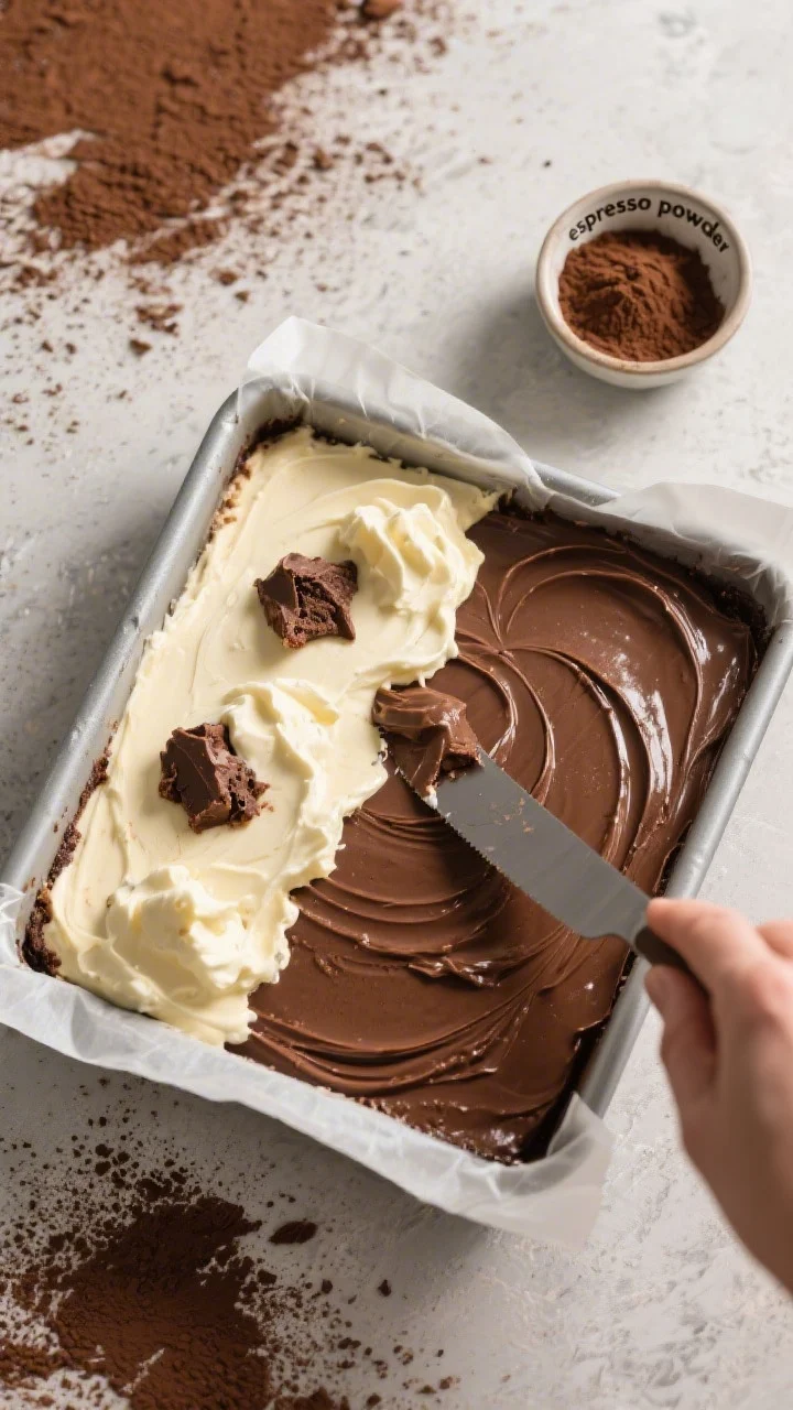Cooking process: Layer and swirl stage overhead—8-inch parchment-lined square pan with 2/3 brownie