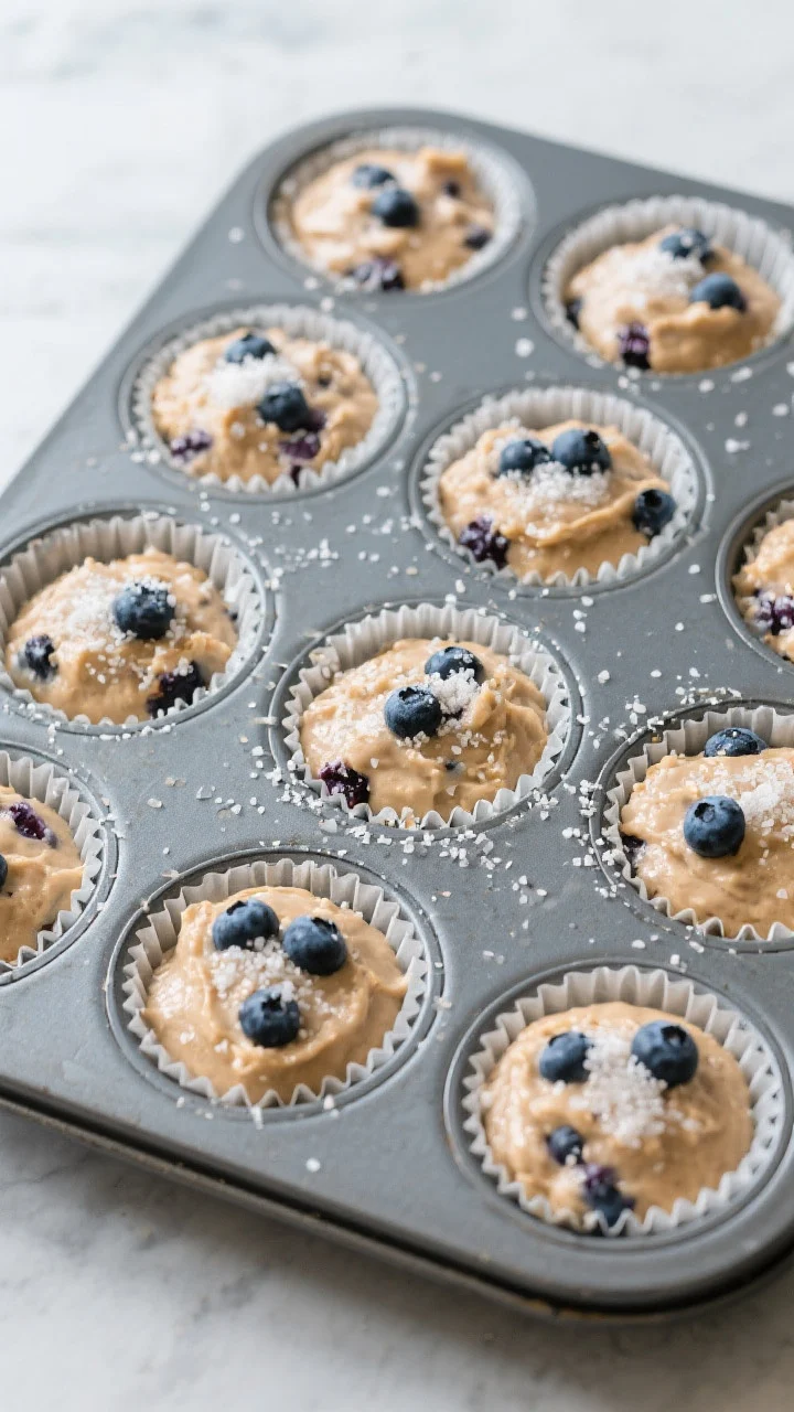 Cooking process: Overhead shot of a lined 12-cup muffin tin just filled almost to the brim with thic