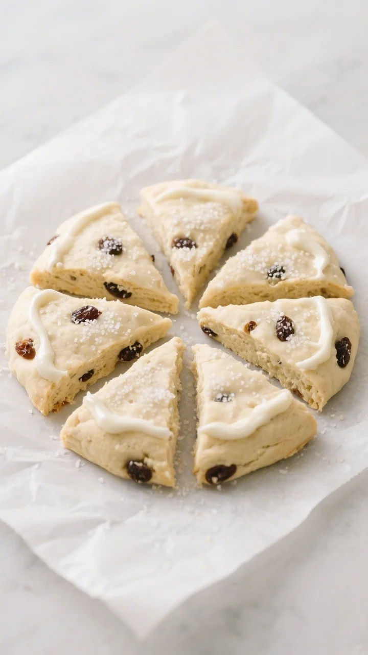 Cooking process: Overhead shot of a round of scone dough cut into 8 wedges on parchment-lined sheet,