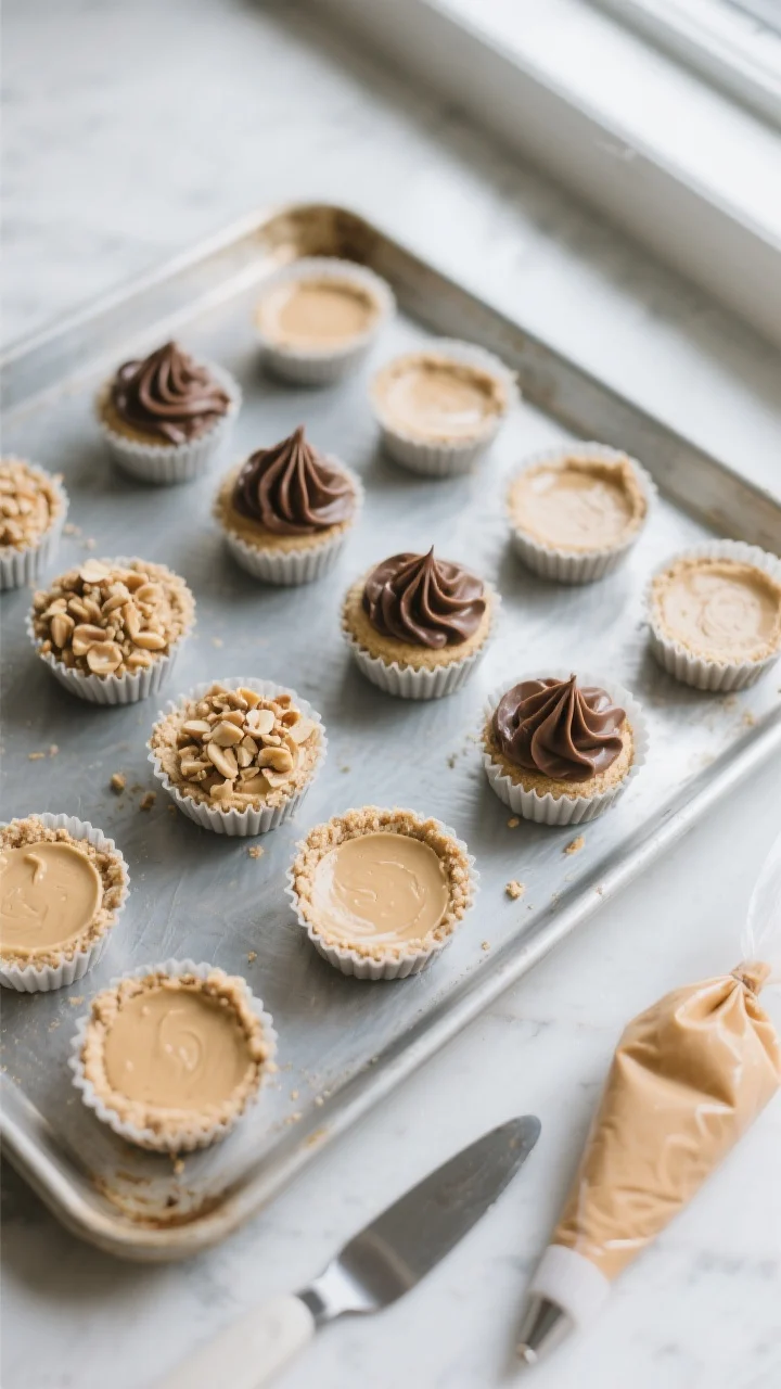 Cooking process: Overhead shot of a silicone mini mold filled with pressed almond flour crusts and f