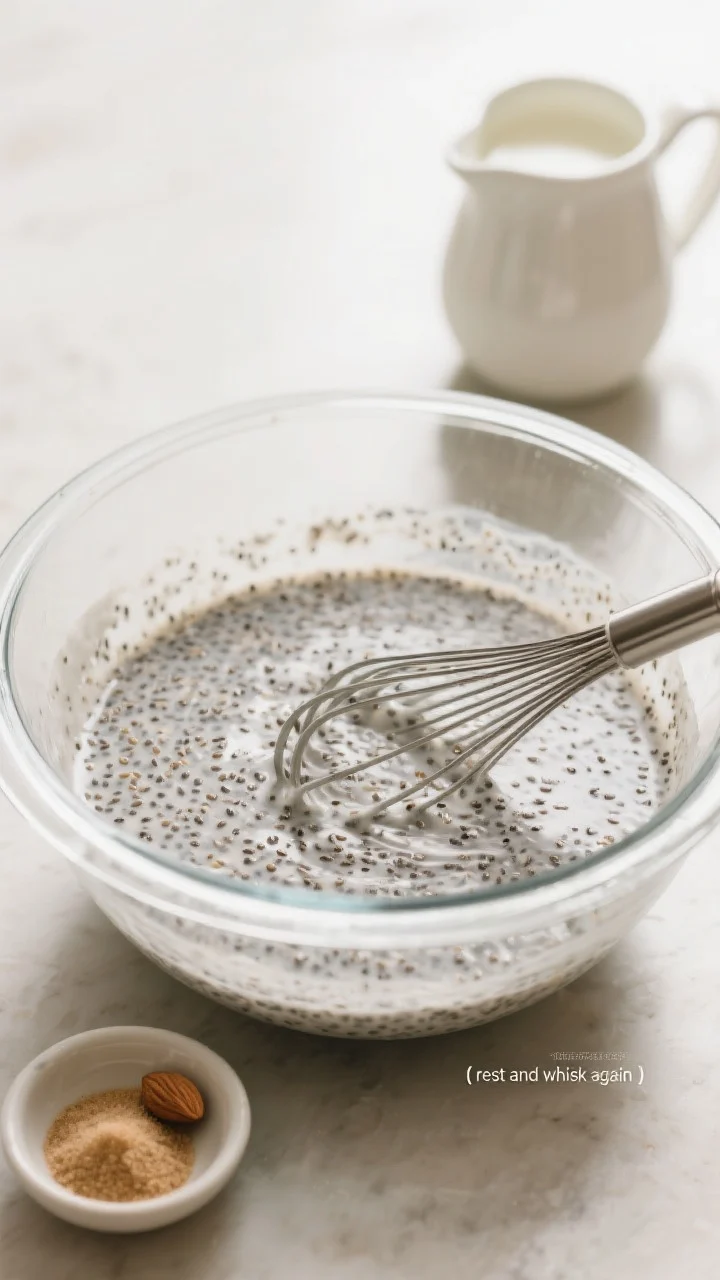 Cooking process: Overhead shot of chia pudding mixture at the “rest and whisk again” stage in a 