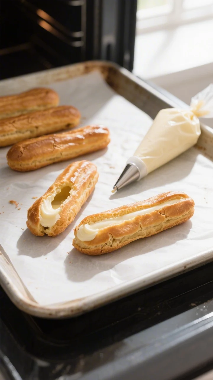 Cooking process: Overhead shot of freshly baked éclairs on parchment right after drying in the turn
