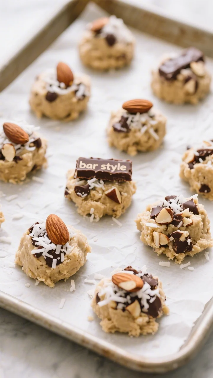 Cooking process: Overhead shot of scooped Almond Joy cookie dough portions on a parchment-lined baki