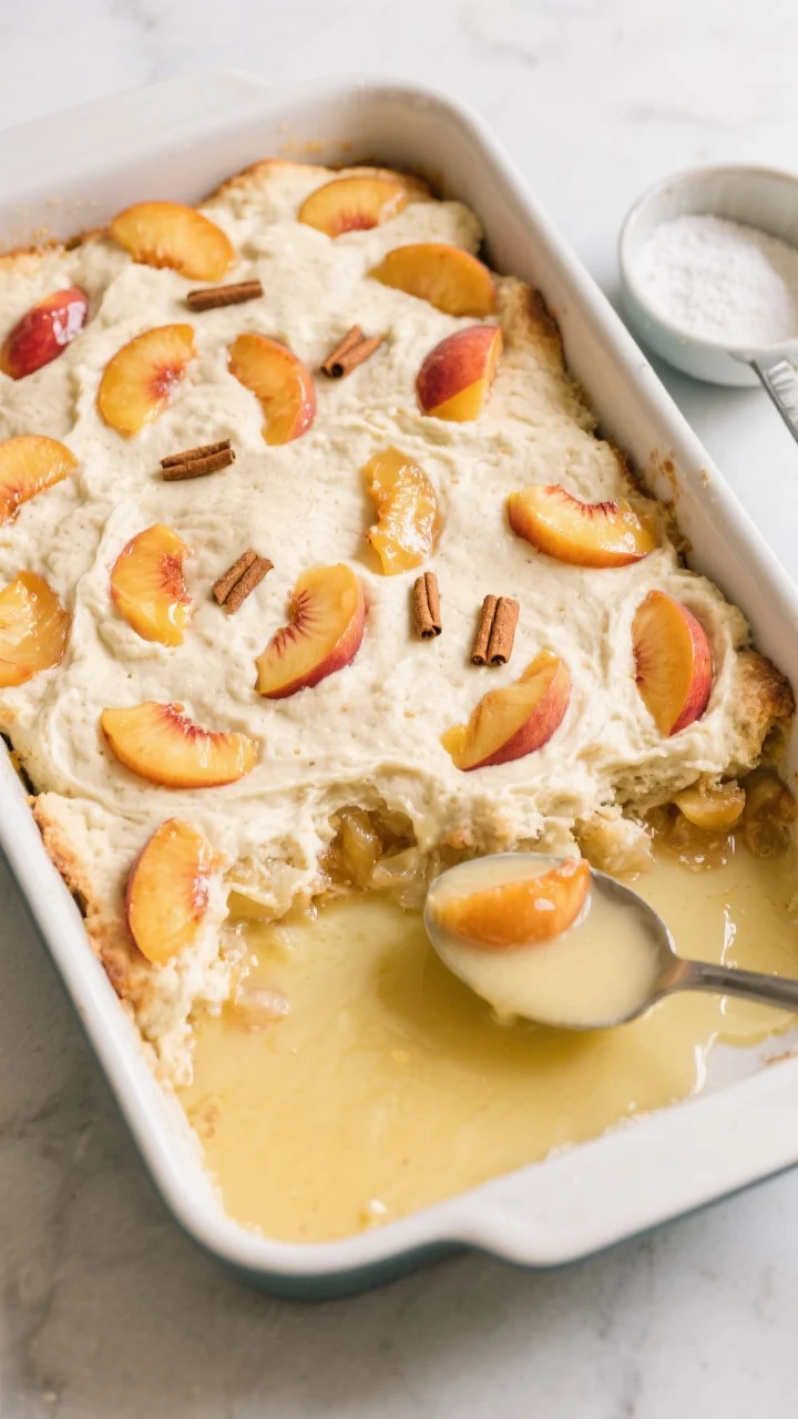 Cooking process: Overhead shot of the assembled cobbler right before baking—pourable batter evenly