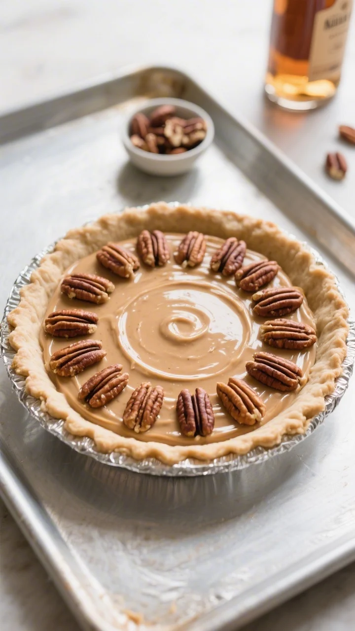 Cooking process: Overhead shot of the assembled pie just before baking—silky, well-mixed filling w