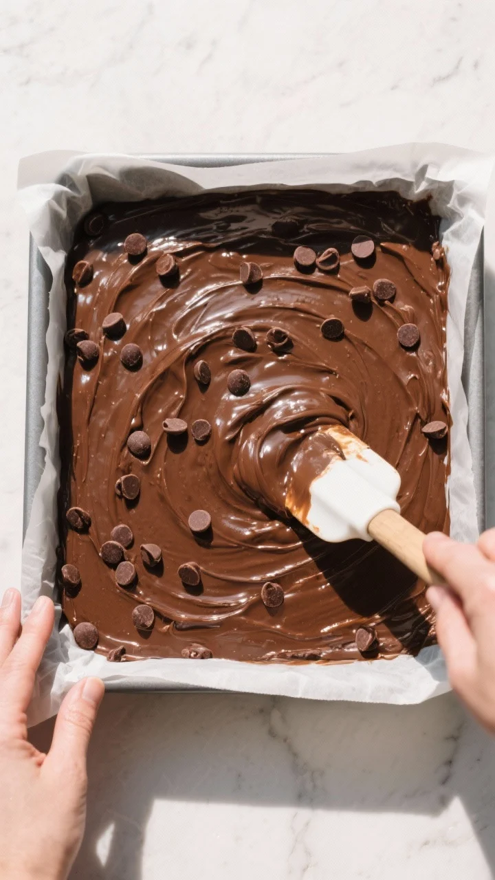 Cooking process: Overhead shot of the thick, glossy brownie batter being smoothed into a parchment-l