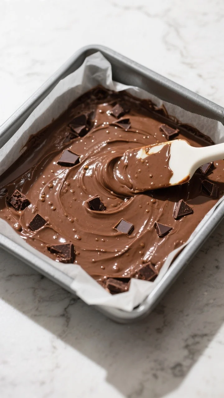 Cooking process: Overhead shot of thick, silky brownie batter being spread and leveled in an 8-inch 