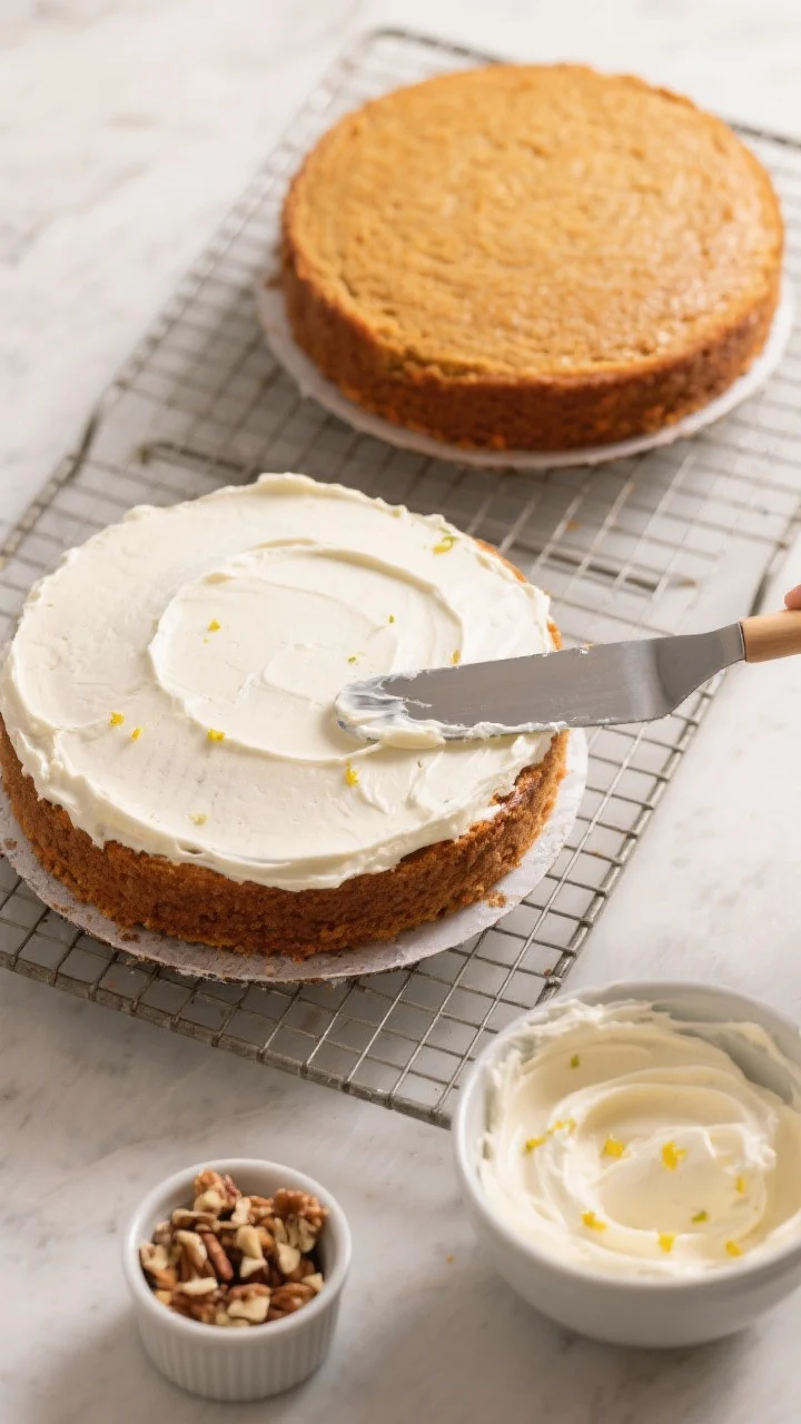 Cooking process: Overhead shot of two 8-inch round carrot cake layers cooling on wire racks, fully b