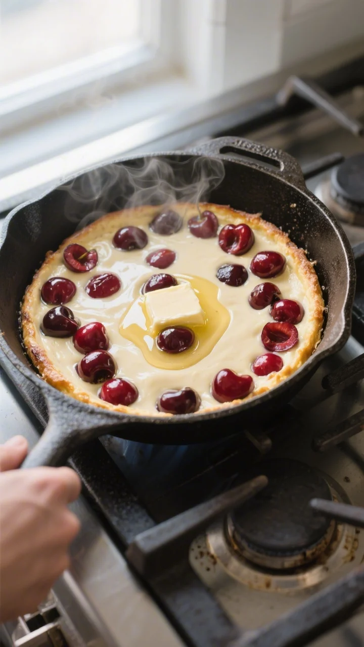 Cooking process — Preheated skillet step: A hot, buttered 10-inch cast-iron skillet pulled from th