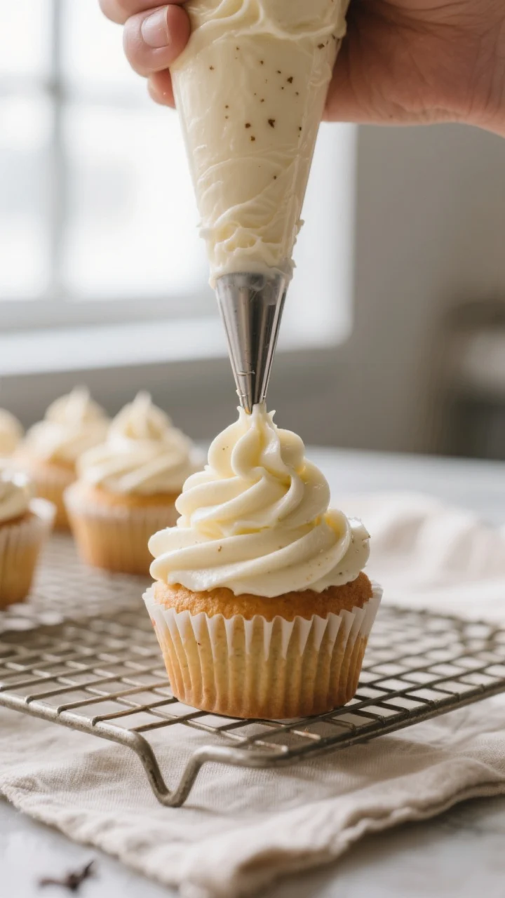 Cooking process: Silky vanilla buttercream being piped in a classic 1M star-tip swirl onto a cooled