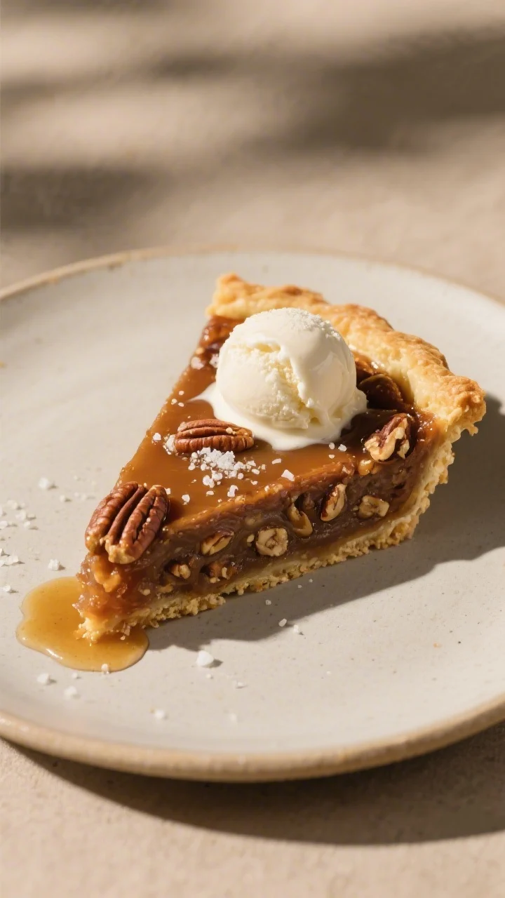 Final dish presentation: A beautifully plated slice of pecan pie on a matte ceramic plate, neat wedg