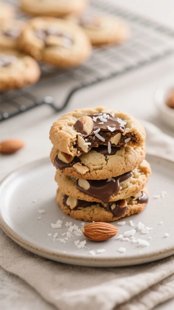 Final dish presentation: A plate of finished Almond Joy cookies stacked casually on a matte ceramic