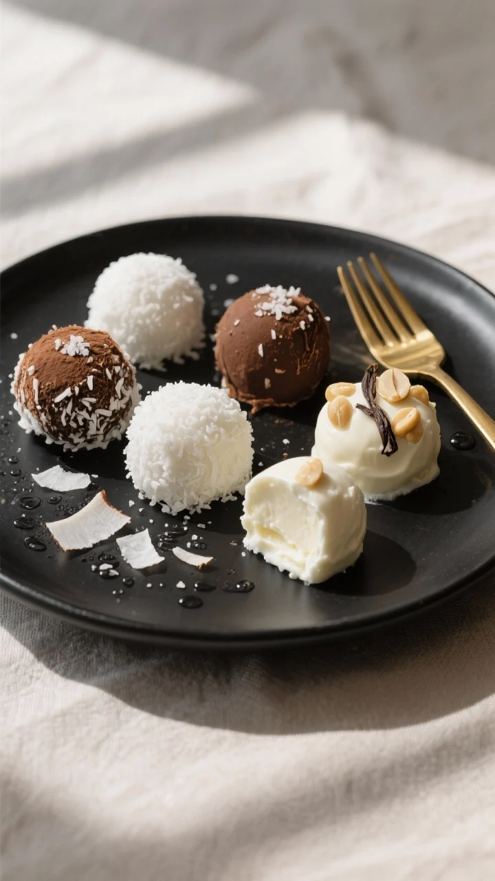 Final dish presentation: Beautifully plated assortment of chilled keto coconut cream fat bombs on a 