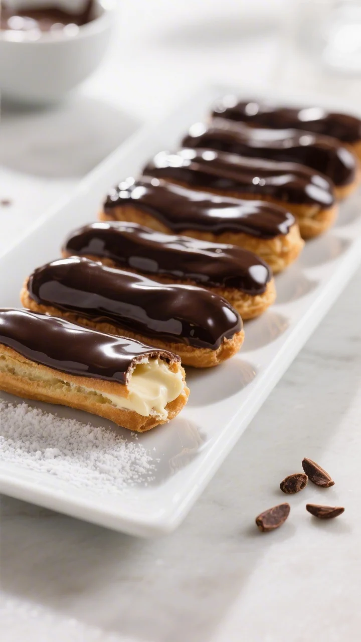 Final dish presentation: Beautifully plated chocolate éclairs arranged in a staggered row on a matt