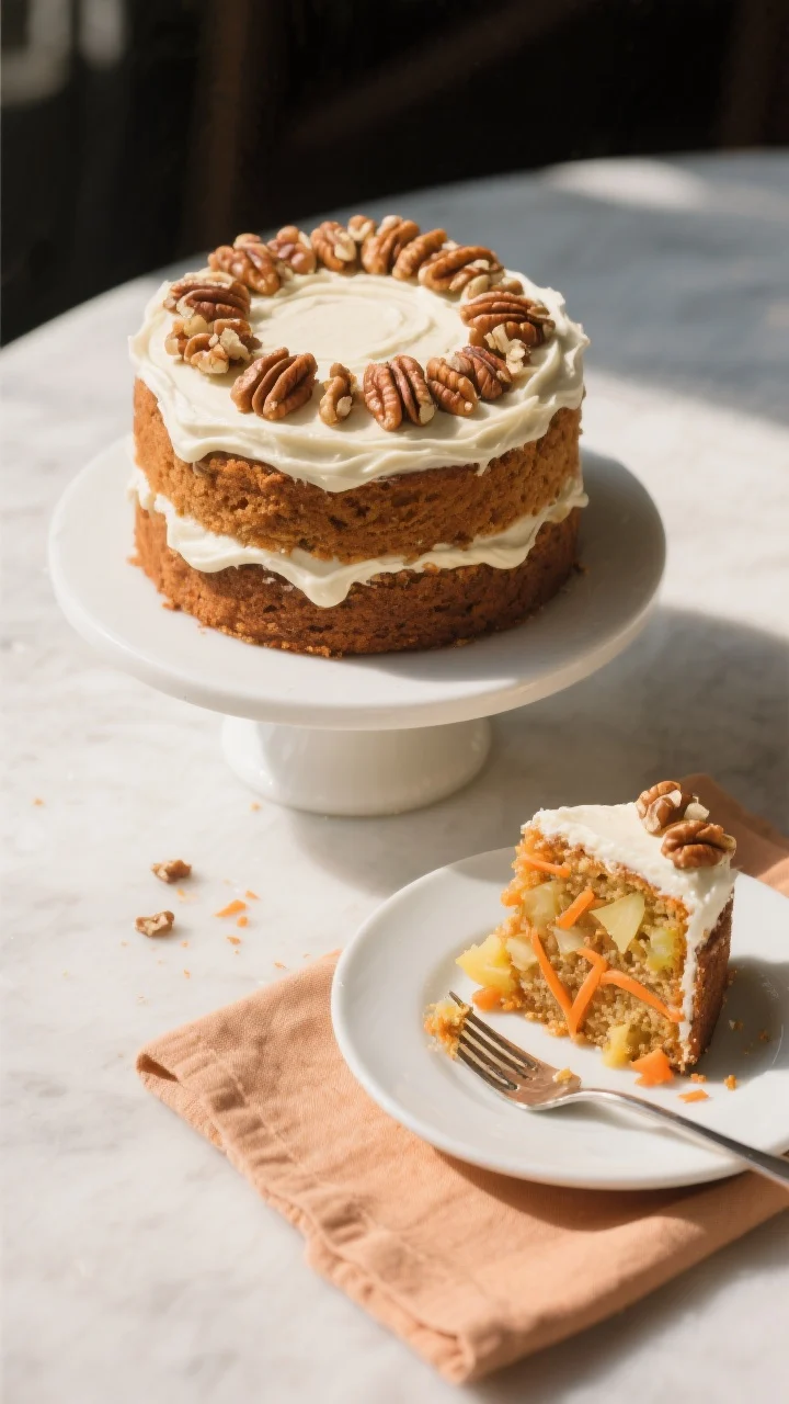Final dish presentation: Restaurant-quality overhead hero shot of a fully frosted two-layer carrot c