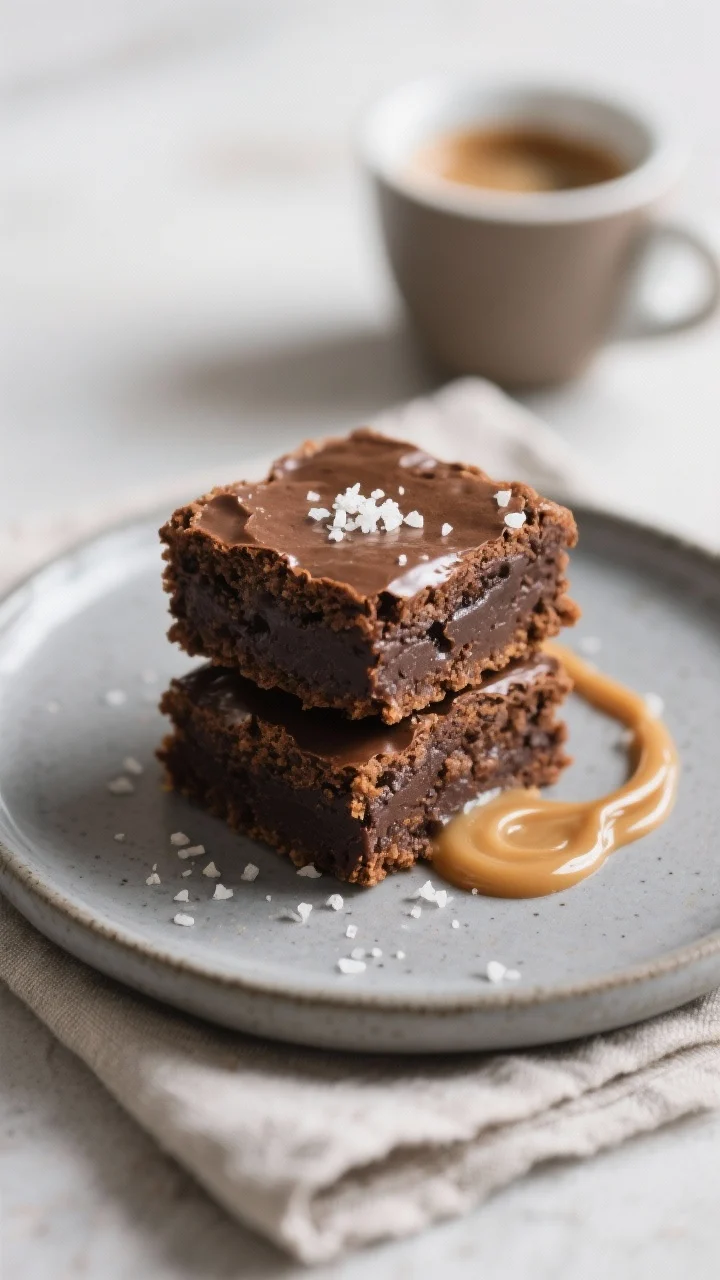 Final dish presentation: Restaurant-quality plate of two stacked keto almond flour brownies with a f