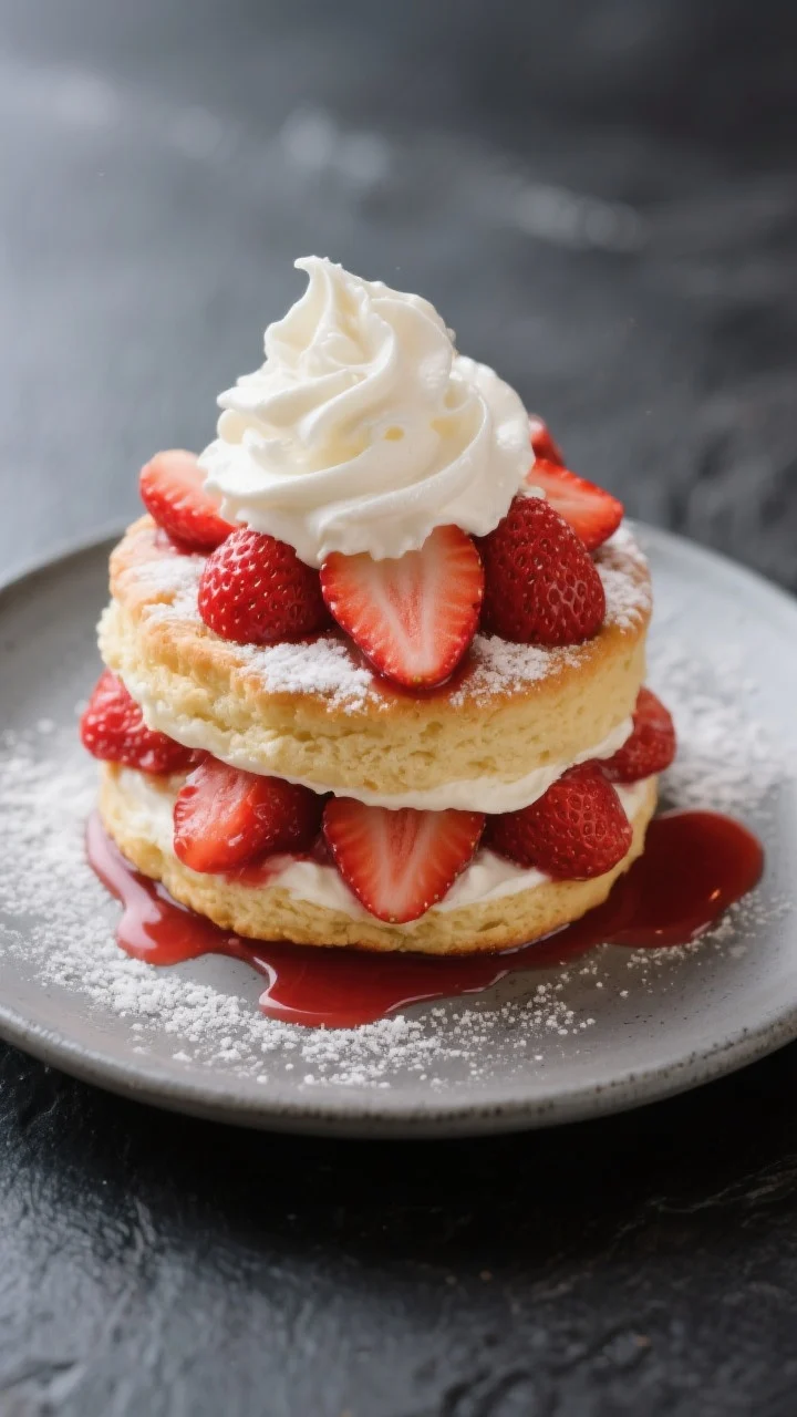 Final dish presentation: Restaurant-quality plated strawberry shortcake stack on a matte stoneware p