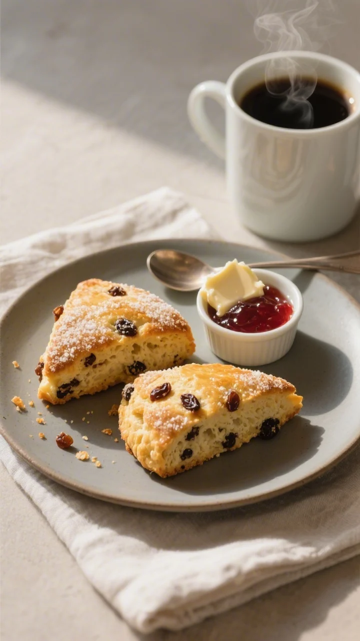 Final dish presentation: Restaurant-quality plated raisin scones for breakfast—two warm wedges on