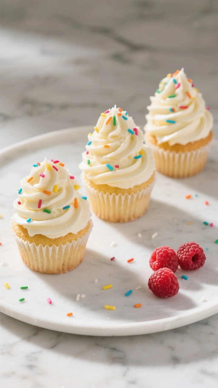Final dish, tasty top view: Overhead shot of a trio of fully frosted vanilla cupcakes on a matte whi