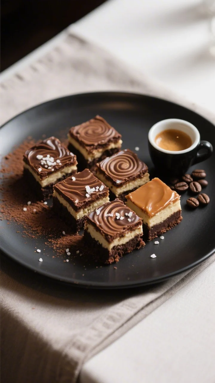 Final plated dish: Beautifully sliced squares of mocha cheesecake brownies arranged on a matte black