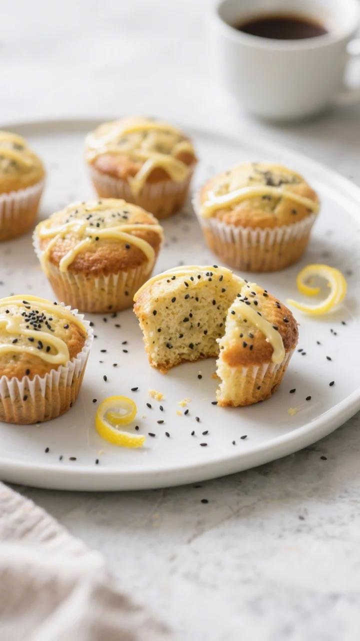 Final plated presentation: Bakery-style lemon poppy seed muffins arranged on a matte white platter,