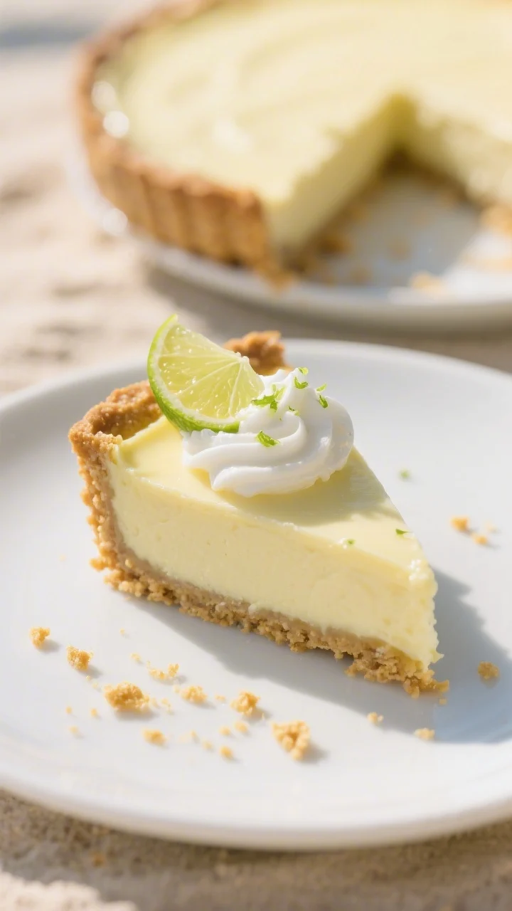 Final plated presentation of a single slice: clean-edged wedge of key lime pie lifted onto a matte w