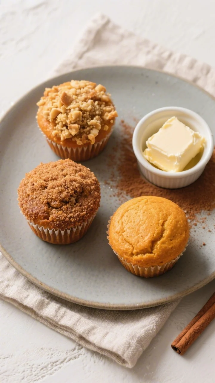 Final presentation — bakery-style set: Tasty of a plate with three pumpkin spice muffins, one crow