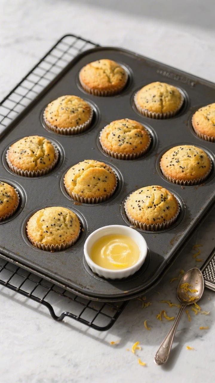 Overhead process shot: Filled muffin tin resting on a cooling rack right after baking—12 golden, d