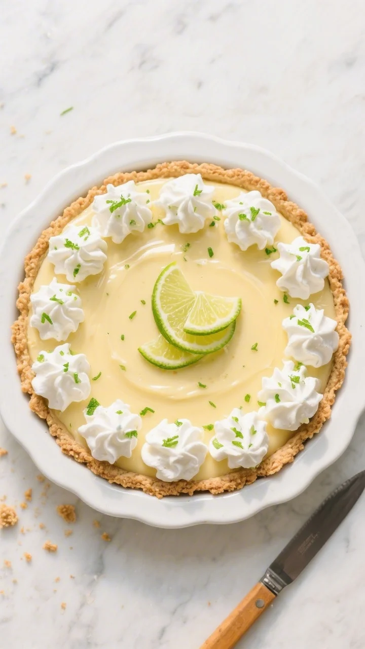 Overhead “tasty top view” of a fully chilled and garnished key lime pie: smooth, glossy custard