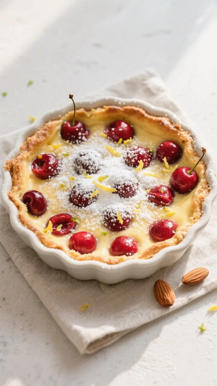 Tasty top view — Final bake: Overhead shot of a freshly baked cherry clafoutis in a 9-inch ceramic