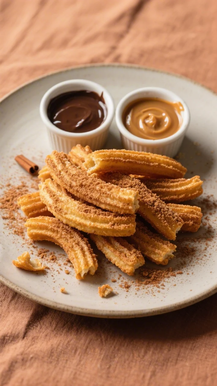 Tasty top view (final dish): Overhead shot of a plate piled with golden, crisp churros generously co