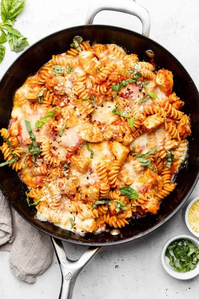 Chicken parmesan pasta in a skillet