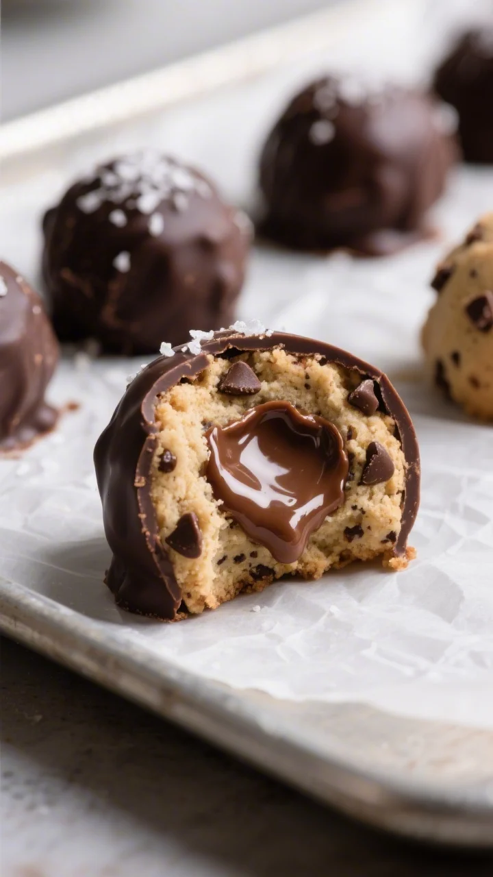 Close-up detail: A cut-open Nutella stuffed cookie dough truffle on a parchment-lined tray, showing