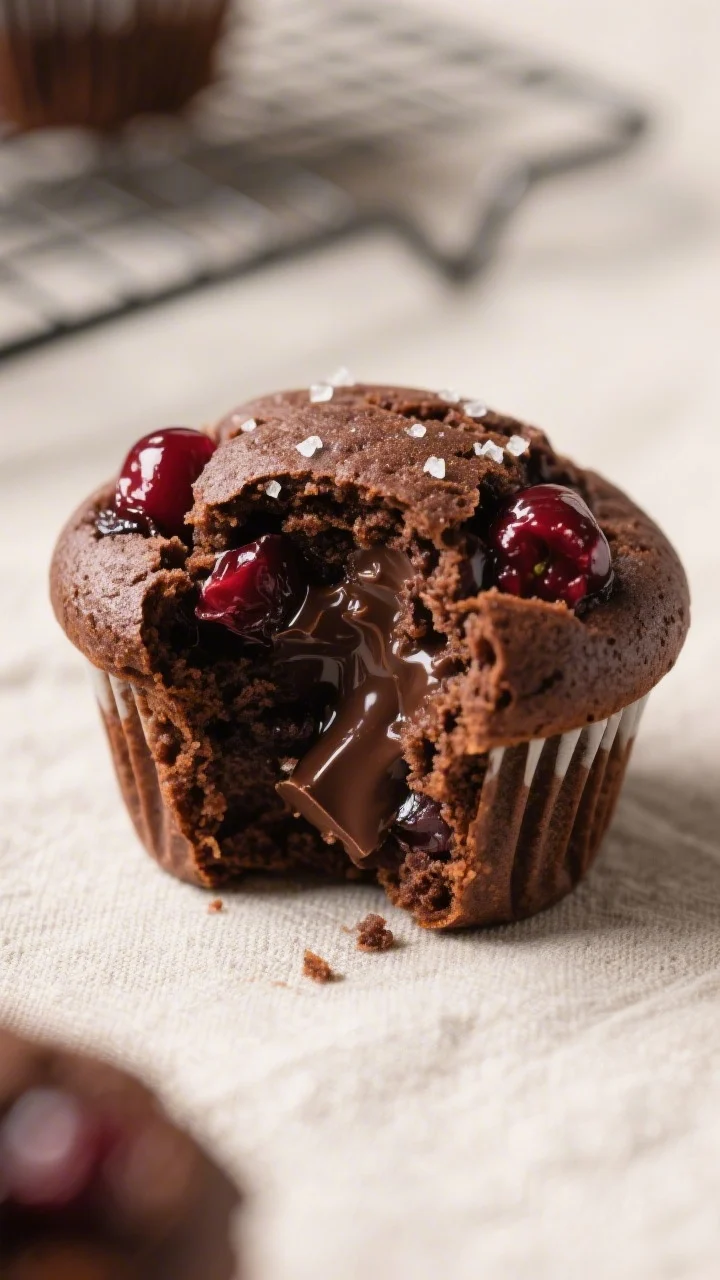 Close-up detail: A freshly baked dark chocolate cherry muffin torn open to reveal a tender, moist cr