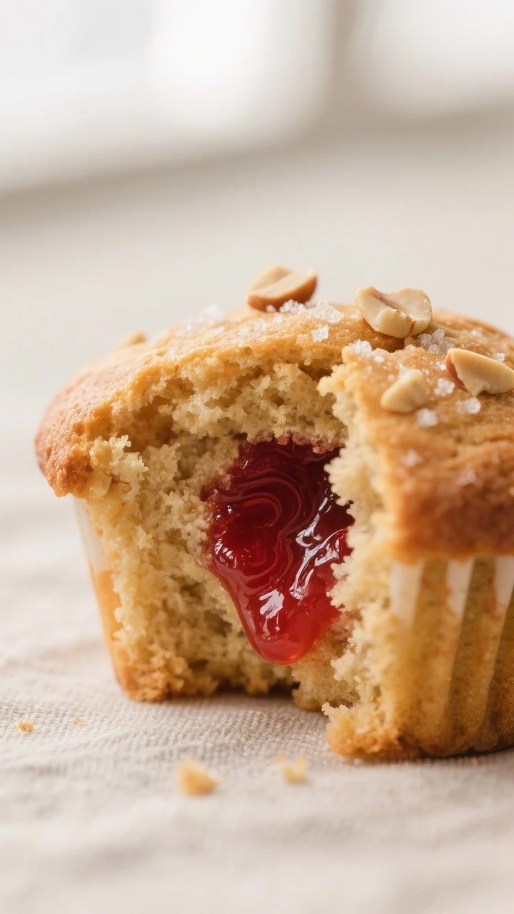 Close-up detail: A freshly baked peanut butter jelly muffin torn open to reveal a glossy, ruby-red s